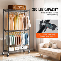 VEVOR Heavy Duty Clothes Rack, Double Hanging Rods Clothing Garment Rack with Bottom and Top Storage Tier, Rolling