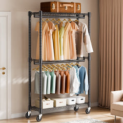 VEVOR Heavy Duty Clothes Rack, Double Hanging Rods Clothing Garment Rack with Bottom and Top Storage Tier, Rolling