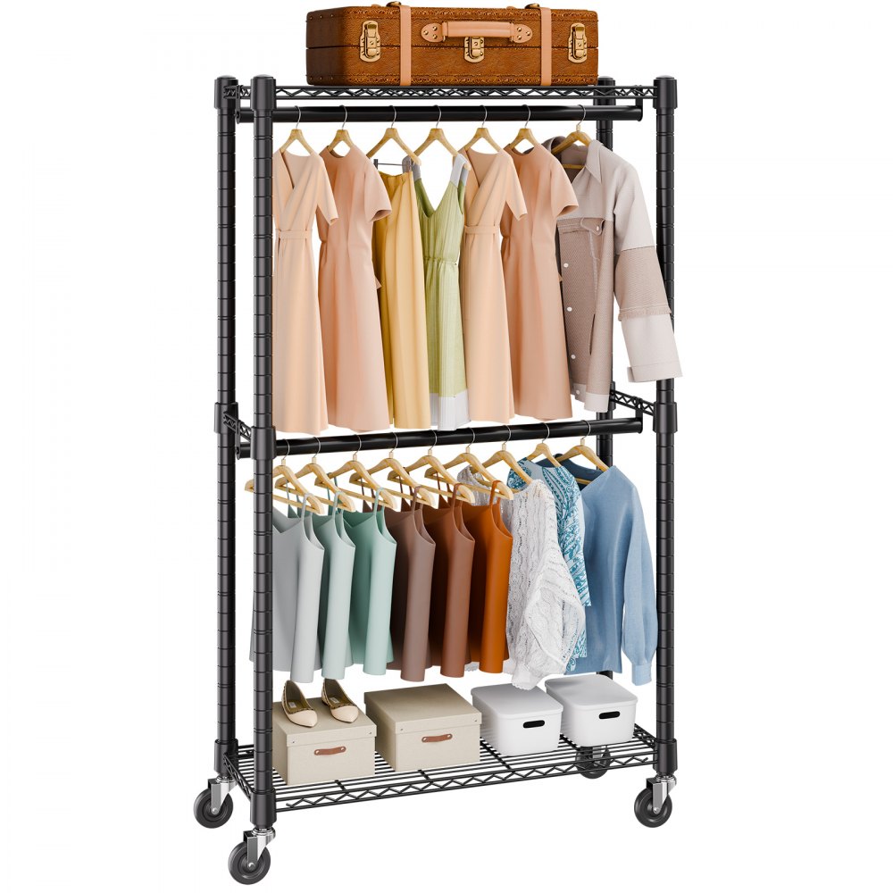 VEVOR Heavy Duty Clothes Rack, Double Hanging Rods Clothing Garment Rack with Bottom and Top Storage Tier, Rolling