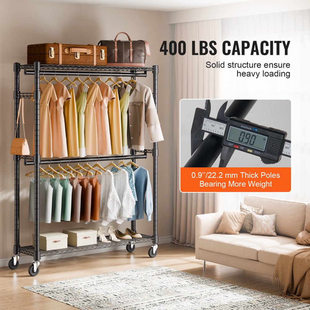 VEVOR Heavy Duty Clothes Rack, Rolling Clothing Garment Rack with 3 Storage Tiers, 2 Rods and 2 Pairs Side Hooks