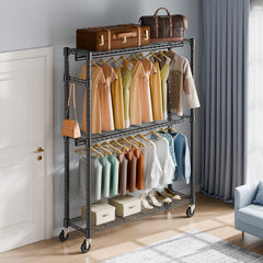 VEVOR Heavy Duty Clothes Rack, Rolling Clothing Garment Rack with 3 Storage Tiers, 2 Rods and 2 Pairs Side Hooks