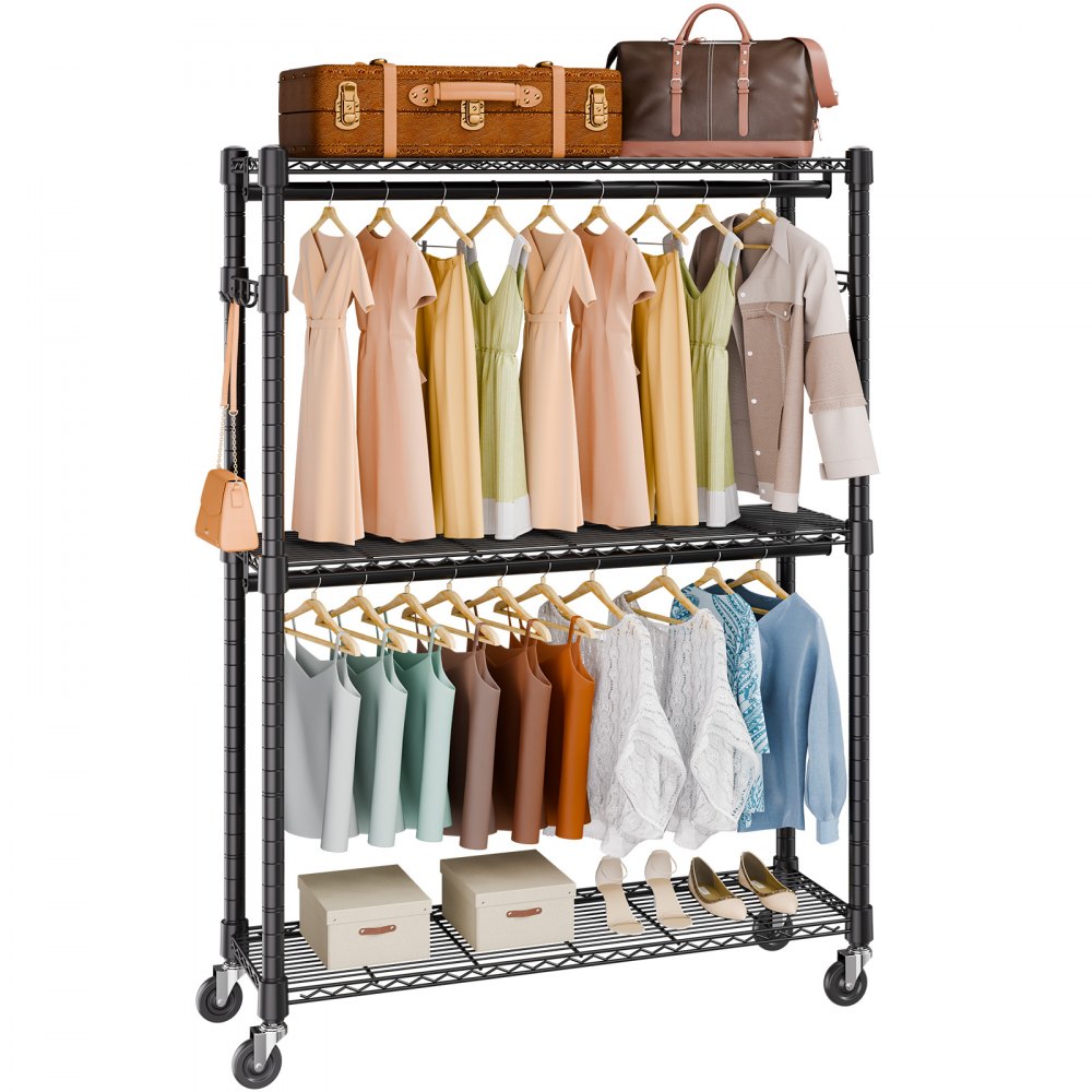 VEVOR Heavy Duty Clothes Rack, Rolling Clothing Garment Rack with 3 Storage Tiers, 2 Rods and 2 Pairs Side Hooks