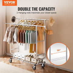 VEVOR Heavy Duty Clothes Rack, Double Hanging Rod Clothing Garment Rack for Hanging Clothes, Adjustable Height and