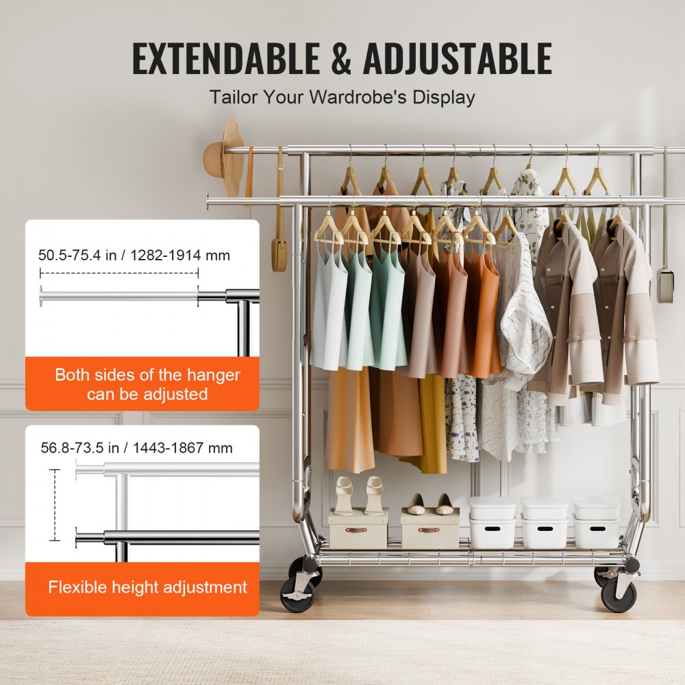 VEVOR Heavy Duty Clothes Rack, Double Hanging Rod Clothing Garment Rack for Hanging Clothes, Adjustable Height and