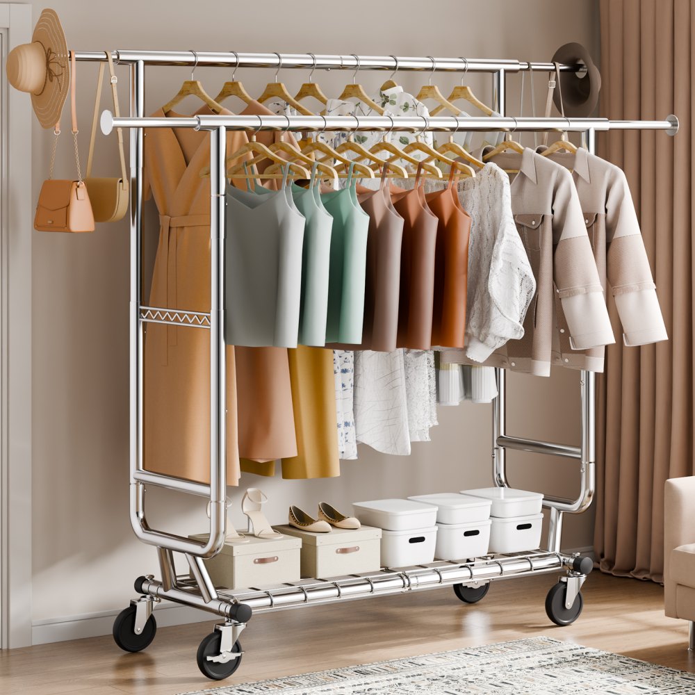 VEVOR Heavy Duty Clothes Rack, Double Hanging Rod Clothing Garment Rack for Hanging Clothes, Adjustable Height and