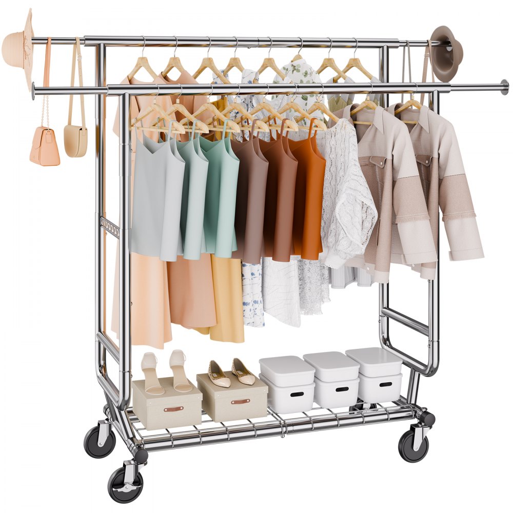 VEVOR Heavy Duty Clothes Rack, Double Hanging Rod Clothing Garment Rack for Hanging Clothes, Adjustable Height and