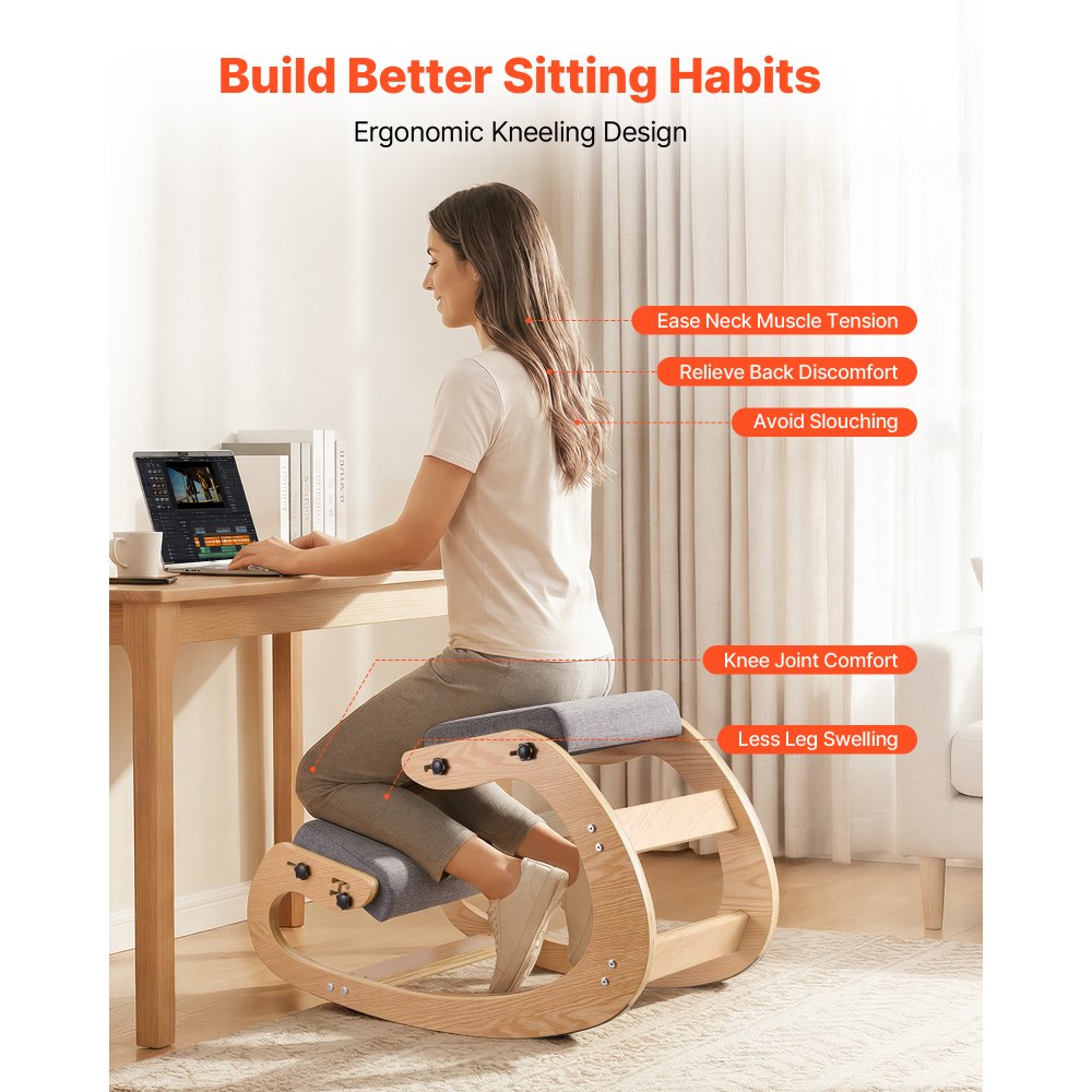 VEVOR Ergonomic Kneeling Chair, Wooden Posture Knee Chair with Adjustable Thick Foam Cushions & Solid Wood Frame