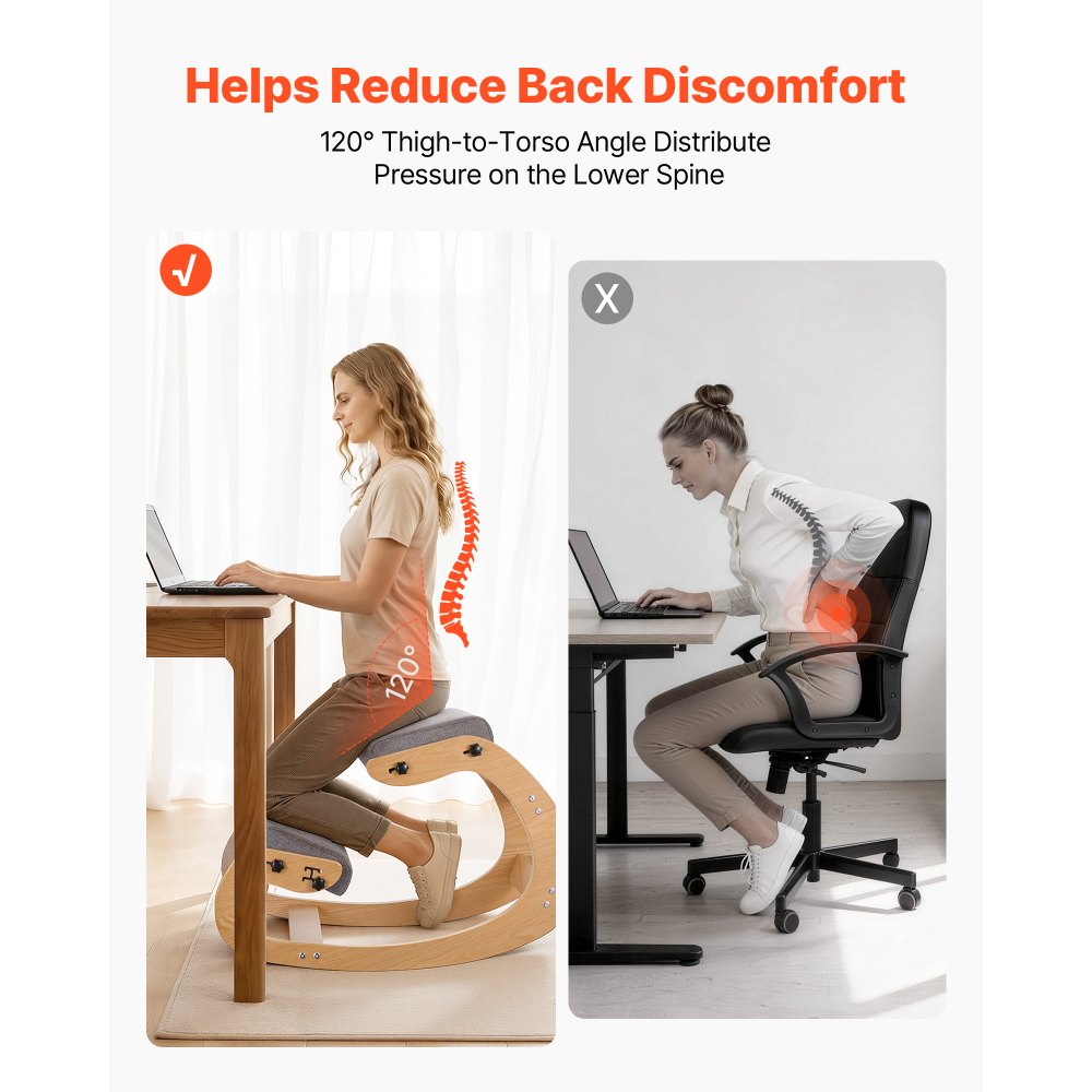 VEVOR Ergonomic Kneeling Chair, Wooden Posture Knee Chair with Adjustable Thick Foam Cushions & Solid Wood Frame