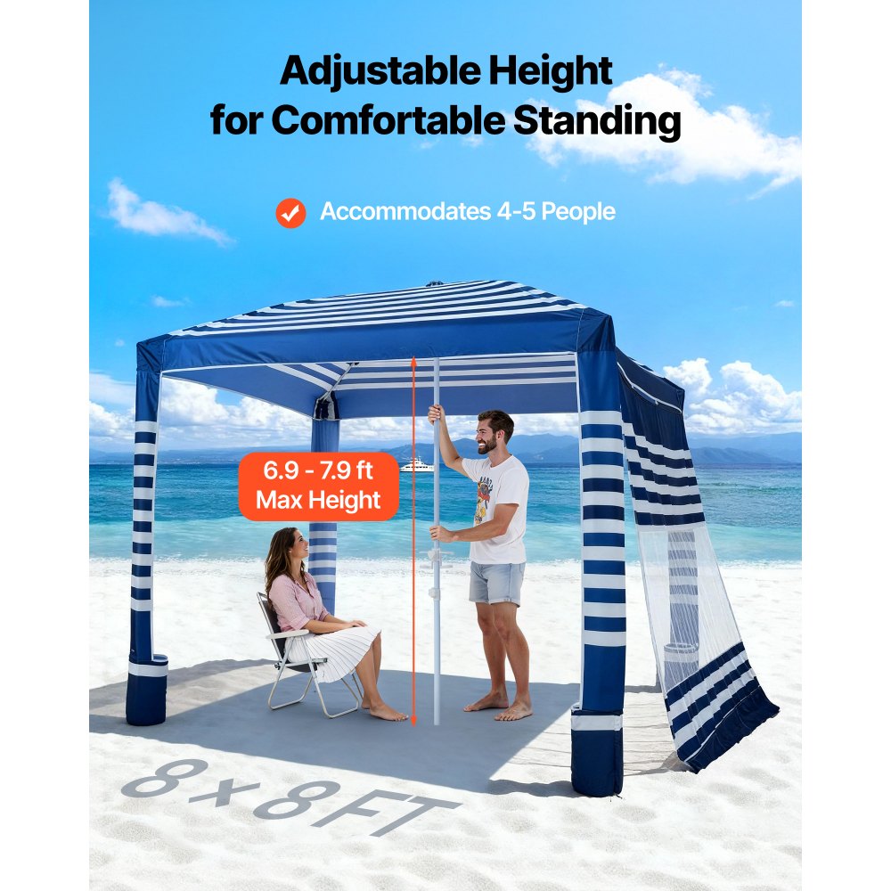 VEVOR Beach Cabana, 8 x 8 ft Beach Canopy with Side Wall, UPF 50+ Protection Easy Setup Cabana Tent with Sand Pockets