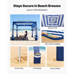 VEVOR Beach Cabana, 8 x 8 ft Beach Canopy with Side Wall, UPF 50+ Protection Easy Setup Cabana Tent with Sand Pockets