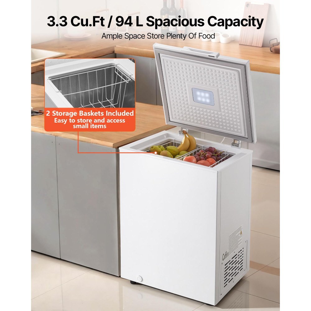 VEVOR Chest Freezer, 3.3 Cu.ft Compact Deep Freezer, Free Standing Top Open Door Chest Freezers with 2 Removable