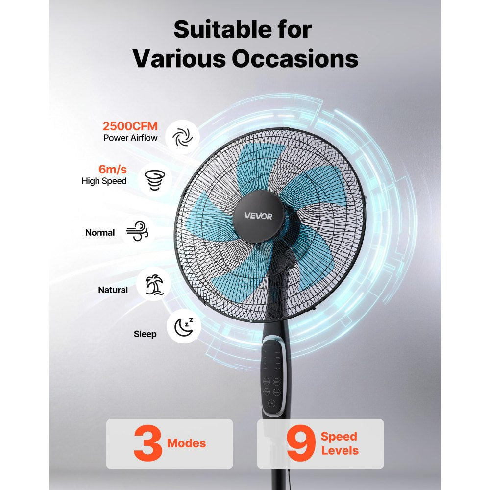 VEVOR 18-Inch Pedestal Fan, 2700 CFM Standing Floor Fan with Remote Control, 9 Speeds & 3 Modes, Oscillating Adjustable