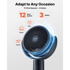 VEVOR 7-Inch Pedestal Fan, Oscillating Standing Floor Fan with DC Motor, Remote Control, 12 Speeds & 3 Modes, 15H
