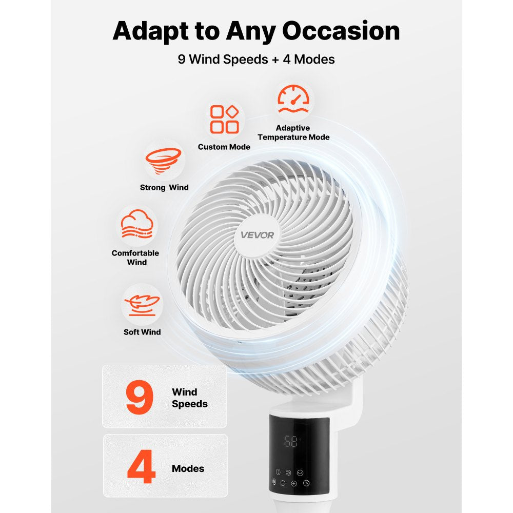 VEVOR 9-Inch Pedestal Fan, 80° Oscillating Standing Floor Fan with Quite DC Motor, Remote Control, 9 Speeds & 4 Smart