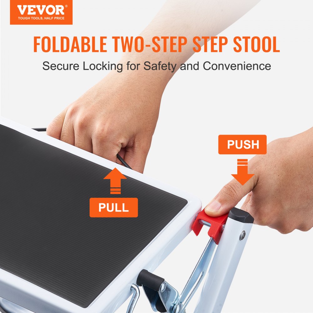 VEVOR Step Ladder 2-Step 330lbs Capacity, Ergonomic Folding Steel Step Stool with Wide Anti-Slip Pedal, Sturdy Step