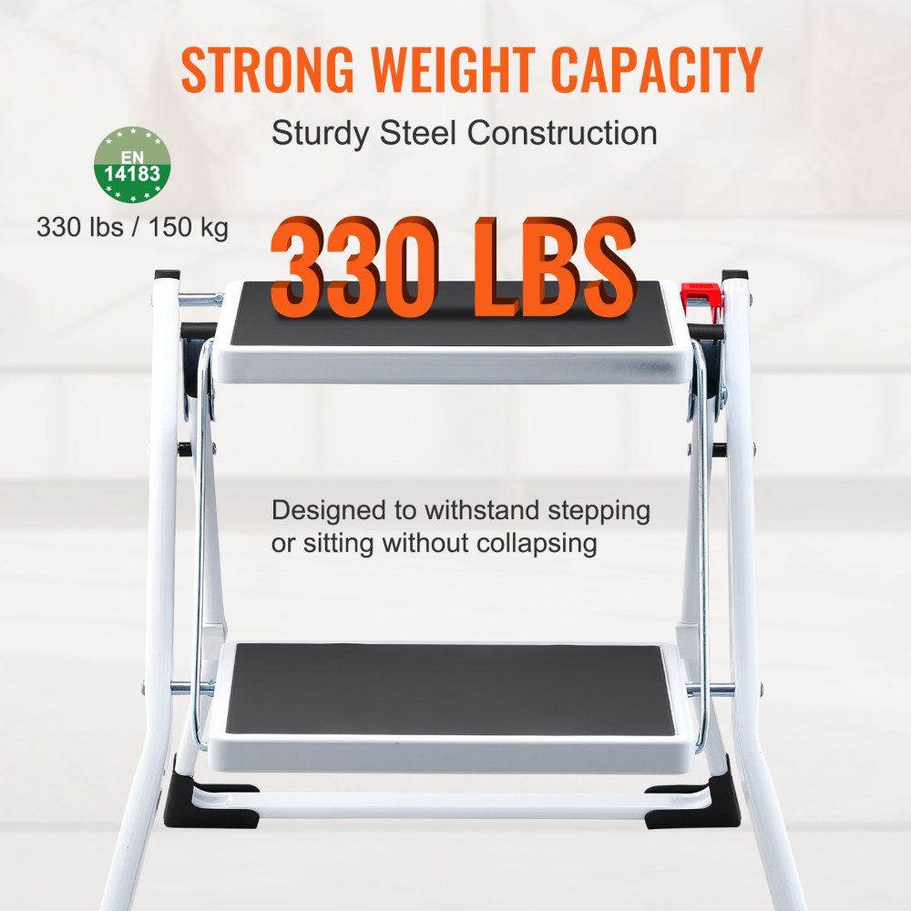 VEVOR Step Ladder 2-Step 330lbs Capacity, Ergonomic Folding Steel Step Stool with Wide Anti-Slip Pedal, Sturdy Step