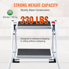 VEVOR Step Ladder 2-Step 330lbs Capacity, Ergonomic Folding Steel Step Stool with Wide Anti-Slip Pedal, Sturdy Step