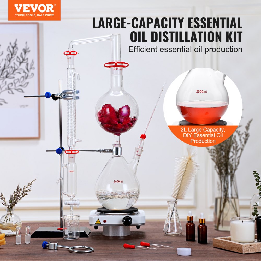 VEVOR Essential Oil Distillation Kit, 2000ml Distillation Apparatus, 3.3 Boro Lab Glassware Distillation Kit with 1000W
