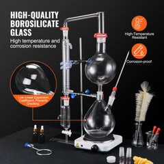 VEVOR Essential Oil Distillation Kit, 2000ml Distillation Apparatus, 3.3 Boro Lab Glassware Distillation Kit with 1000W