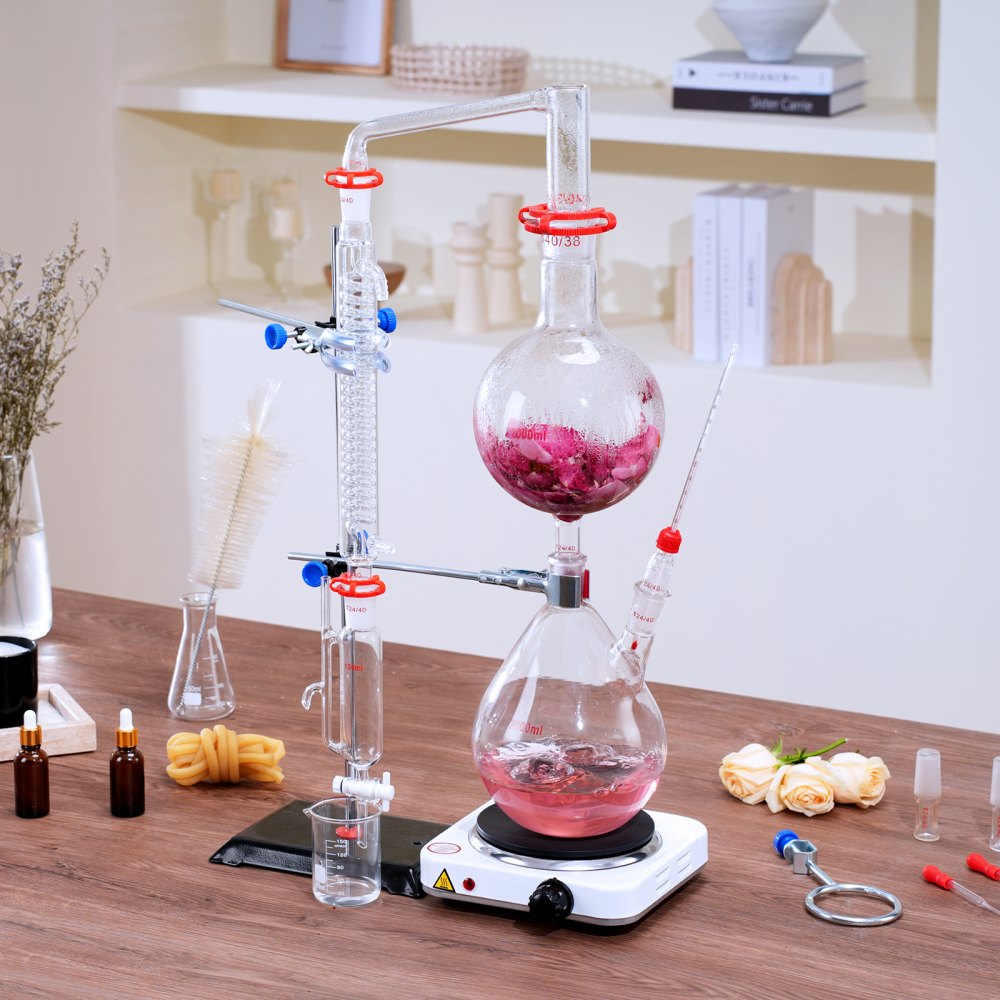 VEVOR Essential Oil Distillation Kit, 2000ml Distillation Apparatus, 3.3 Boro Lab Glassware Distillation Kit with 1000W