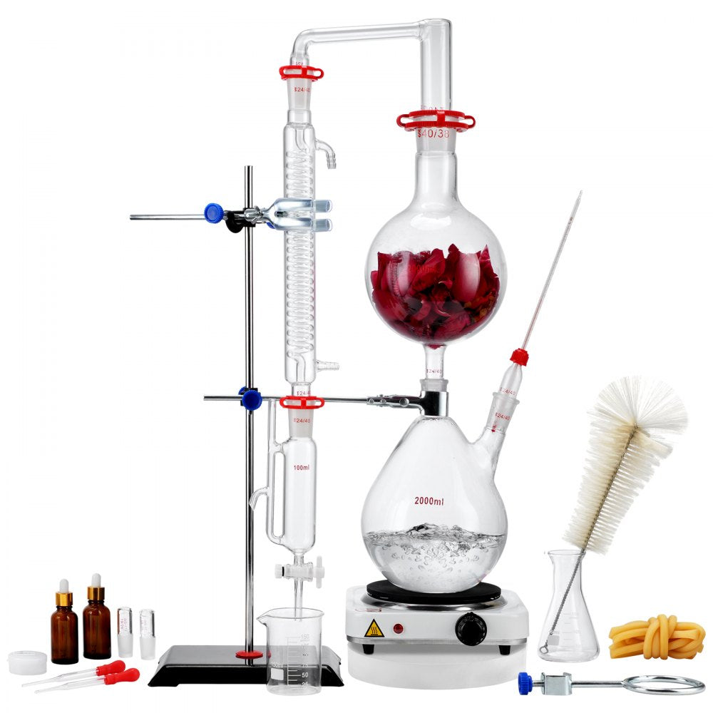 VEVOR Essential Oil Distillation Kit, 2000ml Distillation Apparatus, 3.3 Boro Lab Glassware Distillation Kit with 1000W