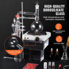 VEVOR Essential Oil Distillation Kit, 500ml Distillation Apparatus, 3.3 Boro Lab Glassware Distillation Kit with 1000W