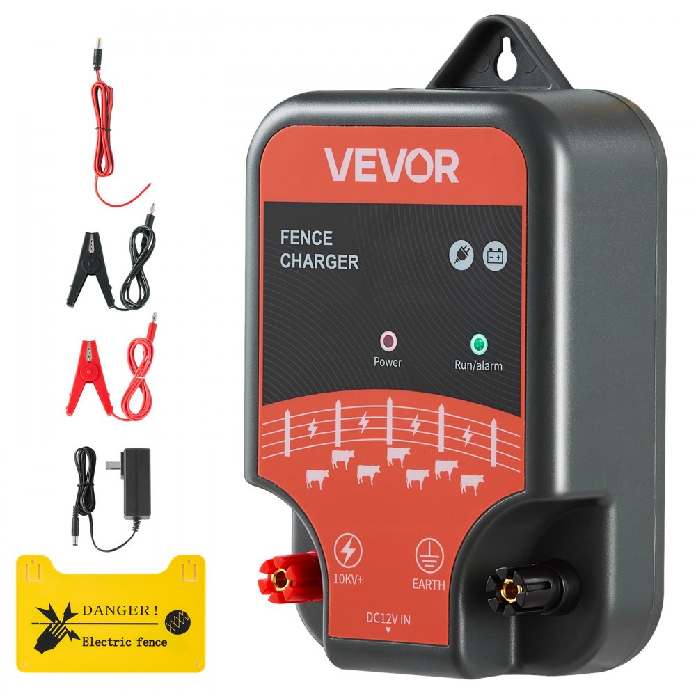 VEVOR Electric Fence Charger, 10kV 2J, AC DC Electric Fence Energizer with LED Indicator, 1.86 Miles Range, Powerful