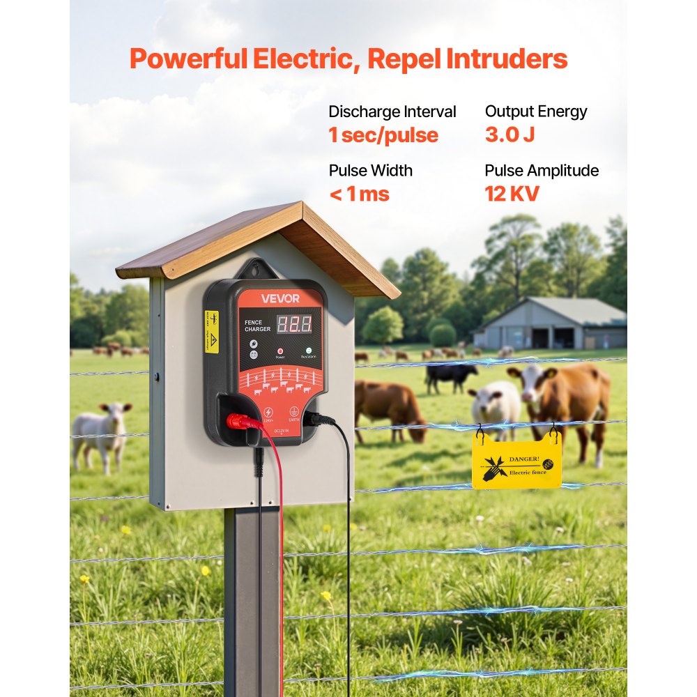 VEVOR Electric Fence Charger, 10kV 3J, AC DC Electric Fence Energizer with LED Indicator, 1.86 Miles Range, Powerful