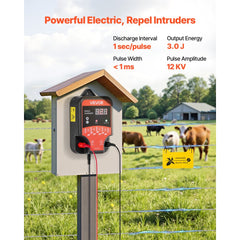 VEVOR Electric Fence Charger, 10kV 3J, AC DC Electric Fence Energizer with LED Indicator, 1.86 Miles Range, Powerful