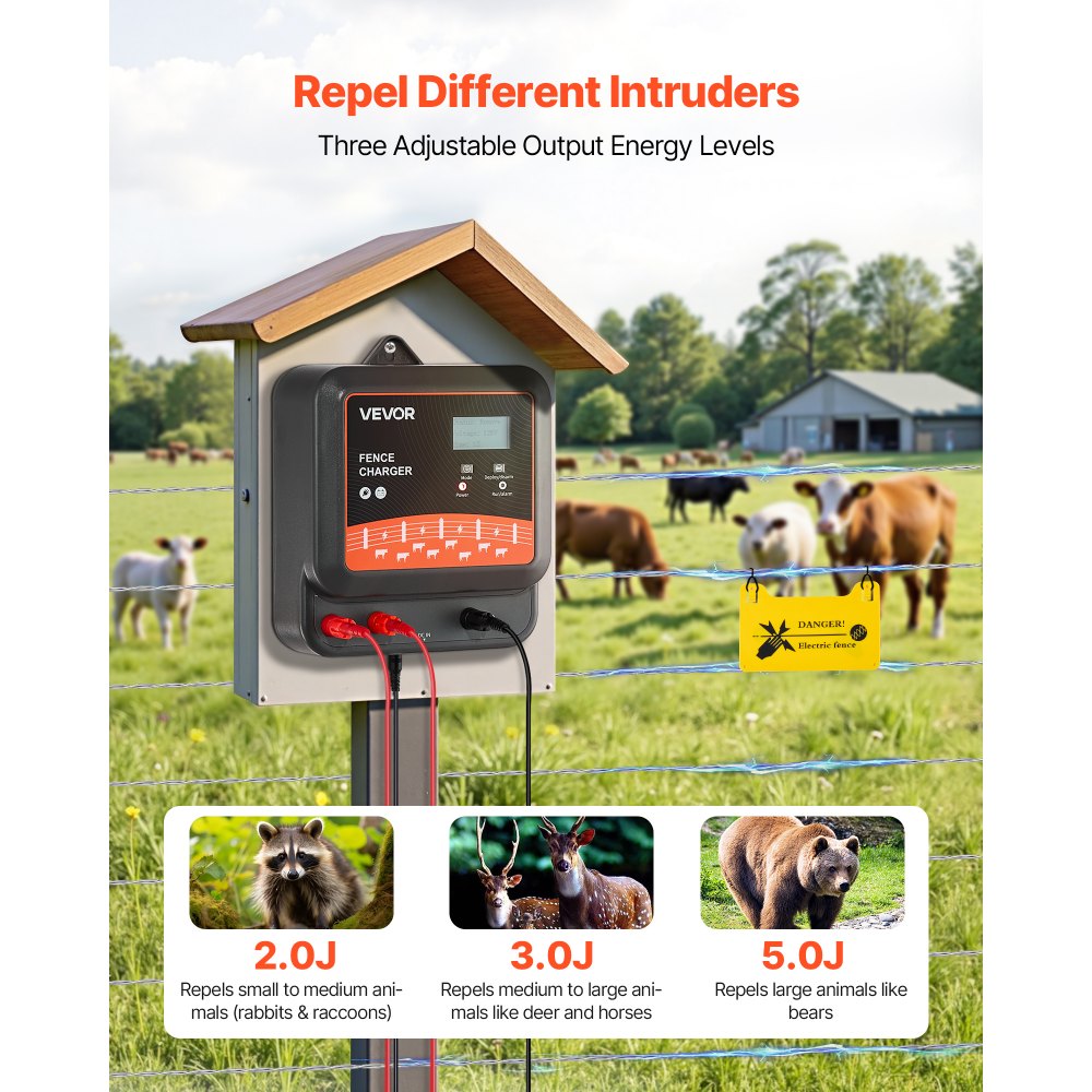 VEVOR Multi-Powered Electric Fence Charger, 2J/3J/5J, Electric Fence Energizer with Real-Time LED Display, 6.2 Miles