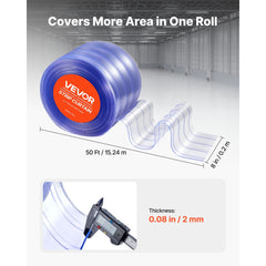 VEVOR Clear PVC Strip Curtain, 50 ft Length x 8 in Width, Ribbed Plastic Door Strip Bulk Roll, Walk in Freezer Cooler