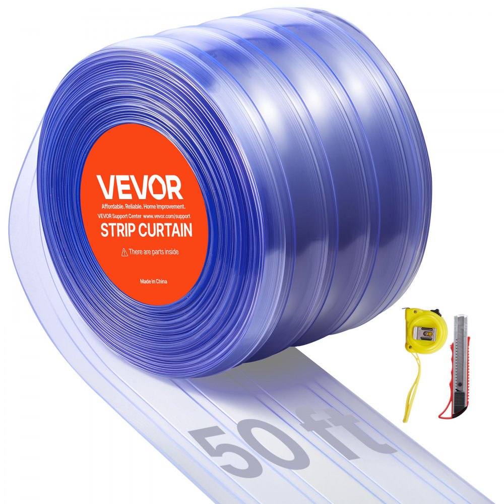 VEVOR Clear PVC Strip Curtain, 50 ft Length x 8 in Width, Ribbed Plastic Door Strip Bulk Roll, Walk in Freezer Cooler