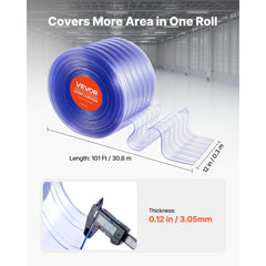VEVOR Clear PVC Strip Curtain, 101 ft Length x 12 in Width, Ribbed Plastic Door Strip Bulk Roll, Walk in Freezer Cooler