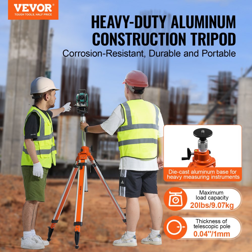 VEVOR Laser Level Tripod Stand, 5/8"-11 Thread Mount, 45.07-114.37 inch Height Adjustment Heavy Duty Survey Tripod