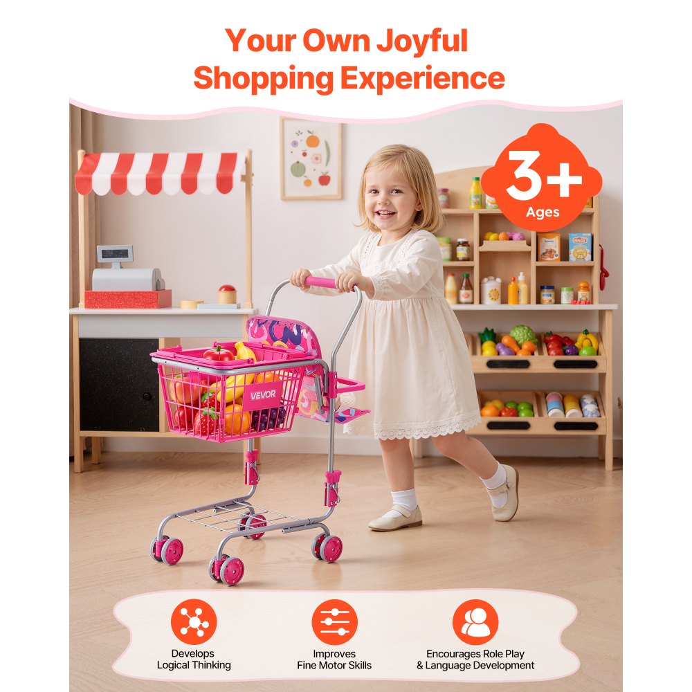 VEVOR Shopping Cart for Kids, Sturdy Metal Frame, Toy Shopping Cart with Baby Doll, 4 Rolling Wheels, Doll Seat