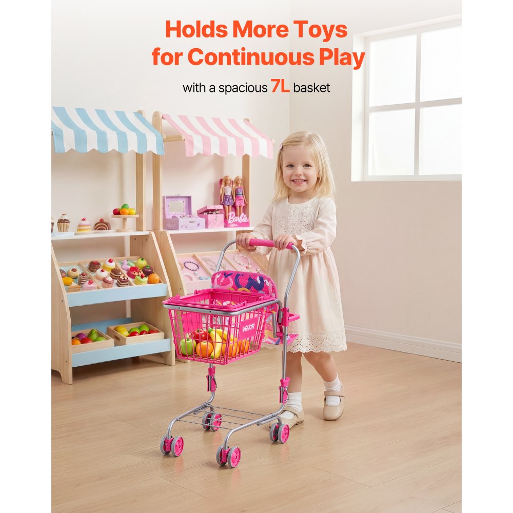 VEVOR Shopping Cart for Kids, Sturdy Metal Frame, Toy Shopping Cart with Baby Doll, 4 Rolling Wheels, Doll Seat