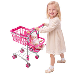 VEVOR Shopping Cart for Kids, Sturdy Metal Frame, Toy Shopping Cart with Baby Doll, 4 Rolling Wheels, Doll Seat