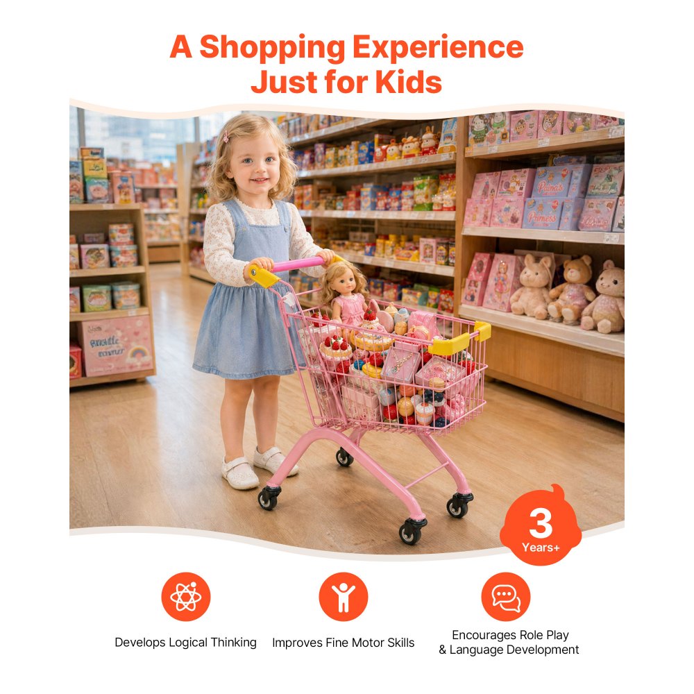 VEVOR Shopping Cart for Kids, Sturdy Steel Frame, Grocery Store Pretend Play Toy with Wheels, Dense Mesh Basket, Toy