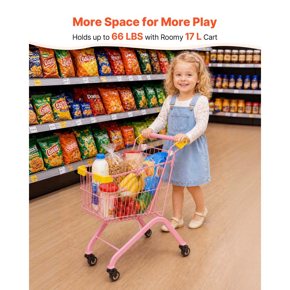 VEVOR Shopping Cart for Kids, Sturdy Steel Frame, Grocery Store Pretend Play Toy with Wheels, Dense Mesh Basket, Toy