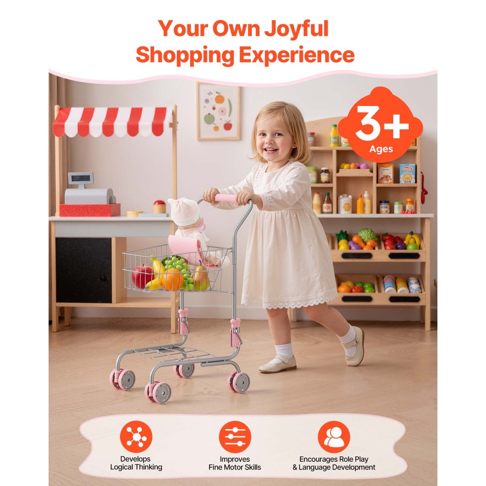 VEVOR Shopping Cart for Kids, Sturdy Metal Frame, Grocery Store Pretend Play Toy Cart with Baby Doll, Rolling Wheels