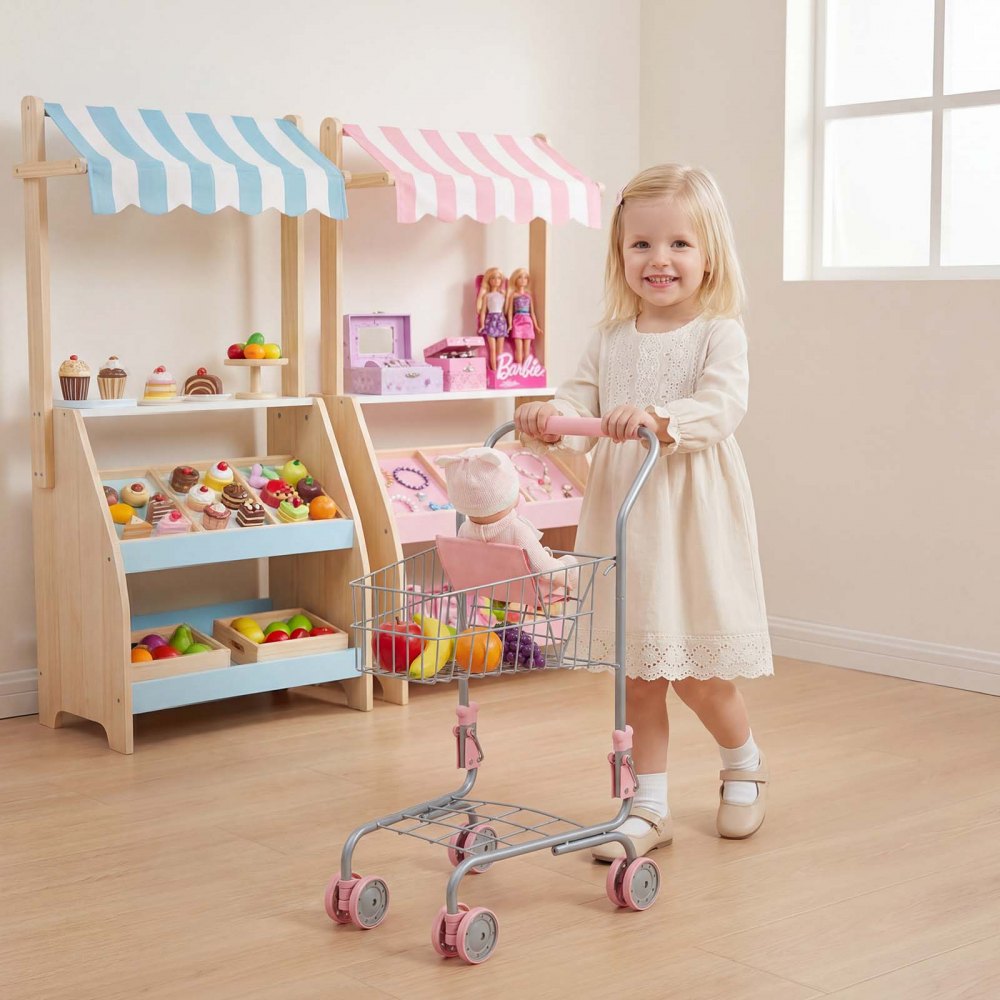 VEVOR Shopping Cart for Kids, Sturdy Metal Frame, Grocery Store Pretend Play Toy Cart with Baby Doll, Rolling Wheels