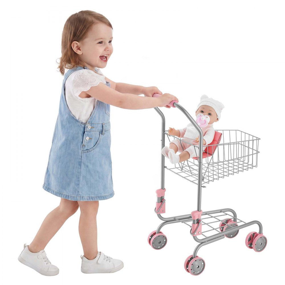 VEVOR Shopping Cart for Kids, Sturdy Metal Frame, Grocery Store Pretend Play Toy Cart with Baby Doll, Rolling Wheels
