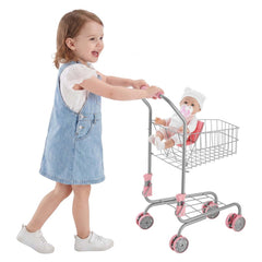 VEVOR Shopping Cart for Kids, Sturdy Metal Frame, Grocery Store Pretend Play Toy Cart with Baby Doll, Rolling Wheels