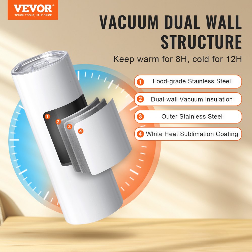 VEVOR 16 Pack Sublimation Tumblers 20oz Skinny Straight, Stainless Steel Sublimation Tumblers Blank, Stainless Steel