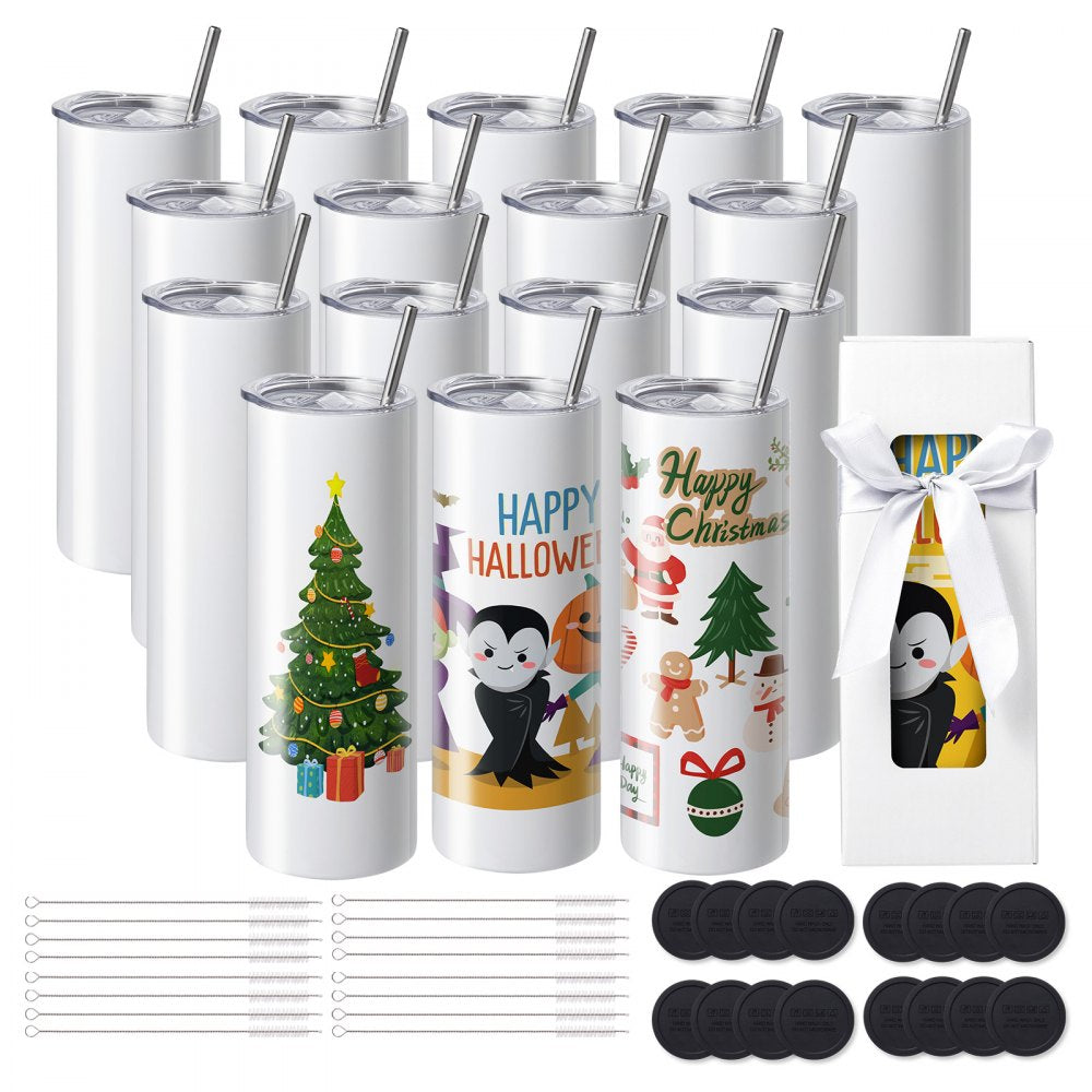 VEVOR 16 Pack Sublimation Tumblers 20oz Skinny Straight, Stainless Steel Sublimation Tumblers Blank, Stainless Steel