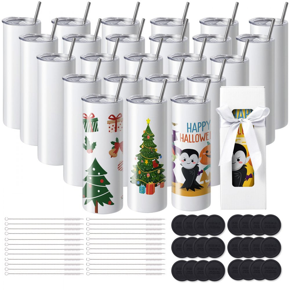 VEVOR 24 Pack Sublimation Tumblers 20oz Skinny Straight, Stainless Steel Sublimation Tumblers Blank, Stainless Steel