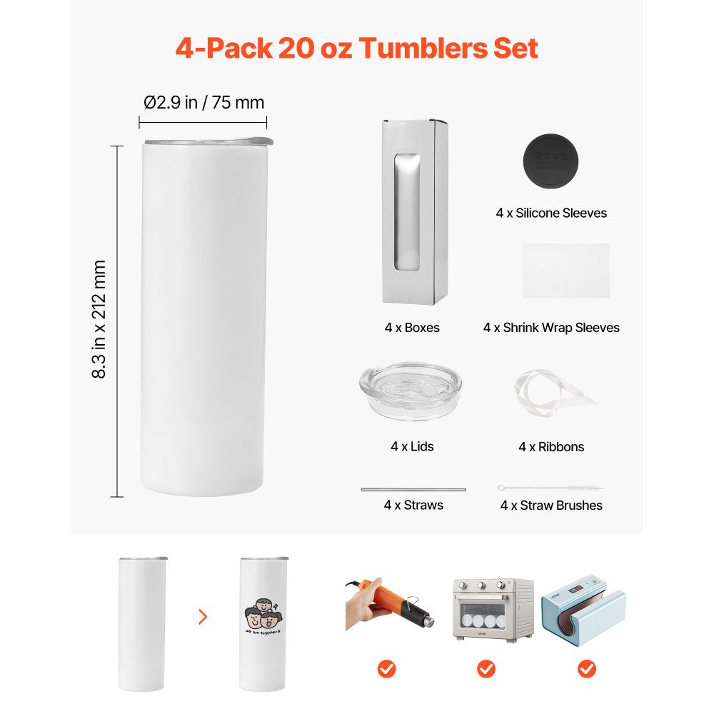 VEVOR Sublimation Tumblers, 4 Pack, 20 oz Skinny Straight Tumblers Bulk, Stainless Steel Sublimation Cups with Lids and