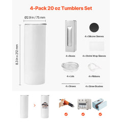 VEVOR Sublimation Tumblers, 4 Pack, 20 oz Skinny Straight Tumblers Bulk, Stainless Steel Sublimation Cups with Lids and