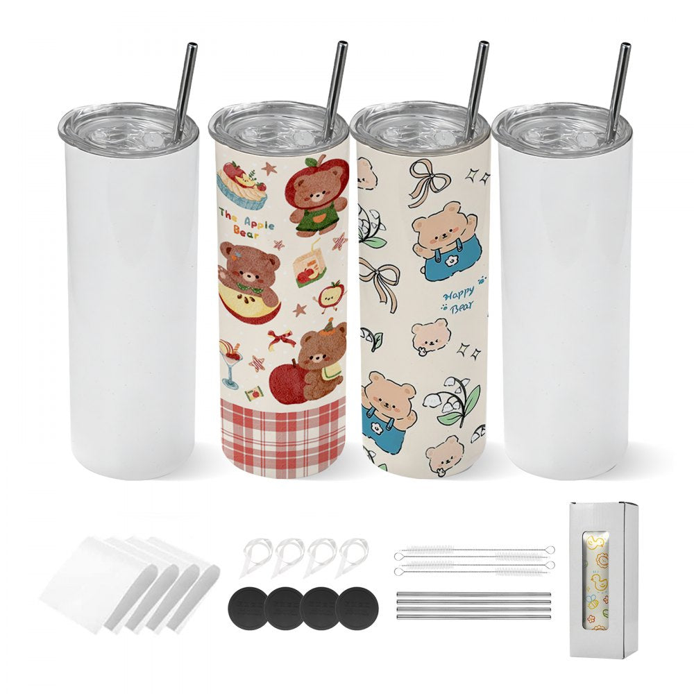 VEVOR Sublimation Tumblers, 4 Pack, 20 oz Skinny Straight Tumblers Bulk, Stainless Steel Sublimation Cups with Lids and