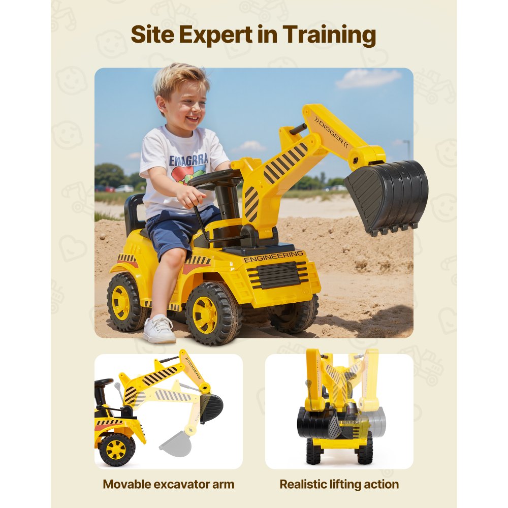 VEVOR Ride On Toddler Car, Push Car for Toddler 19 to 36 Months, Excavator Digger Toy with Helmet & Music, 55 lbs Load